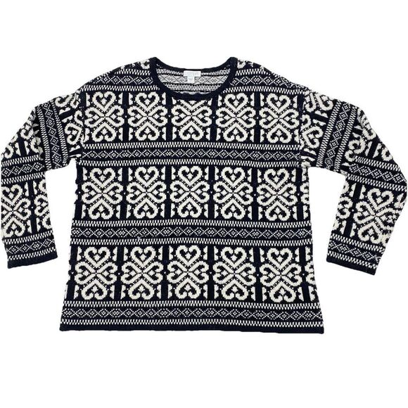 J Jill White Blackcream Nordic Celtic Hearts Wool Blend Sweater Women's Small - Picture 1 of 11